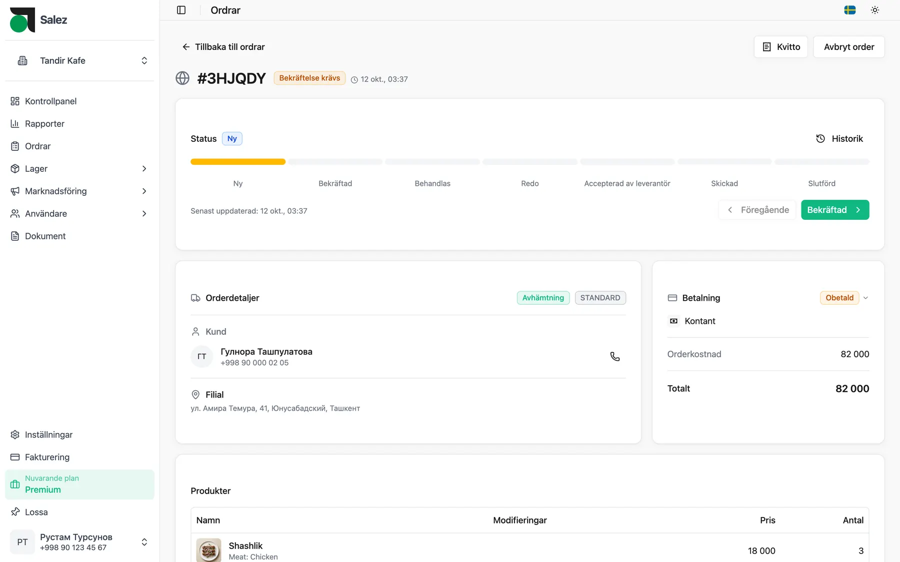 Salez-panelen: en ordersida med status, adress och betalning