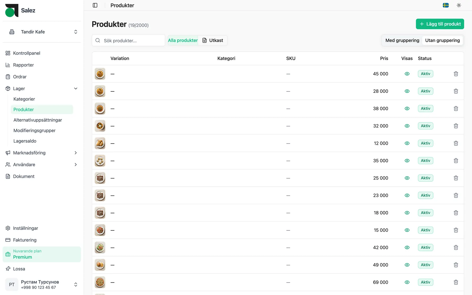 Salez-panelen: produktlistan med bilder, priser och status